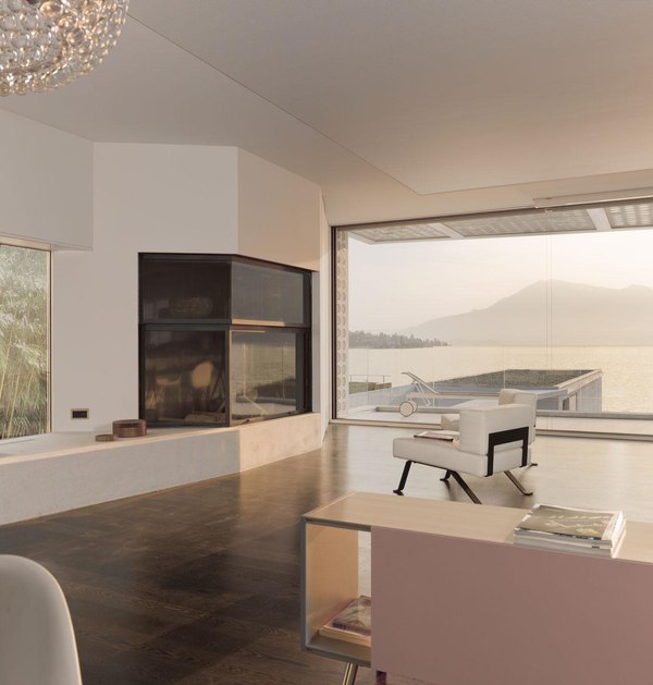 salon & cheminée design - o-house par Philippe Stuebi - Lucerne, Suisse