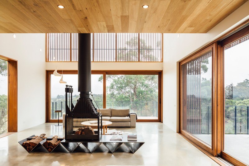 salon et cheminée - Invermar House par Moloney Architects - Ballarat, Australie